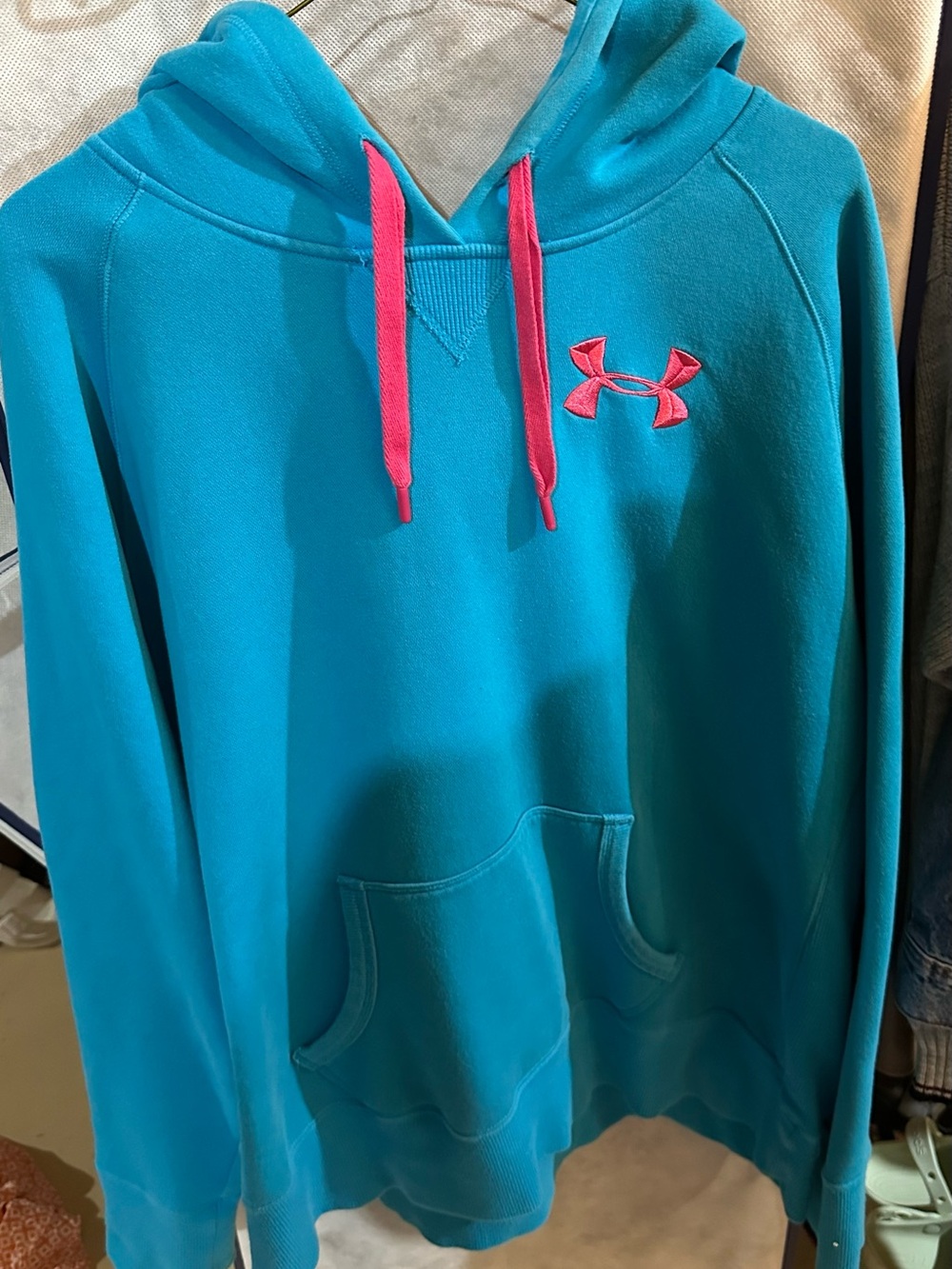 Under Armour Turquoise Hoodie with Pink Logo & Drawstrings